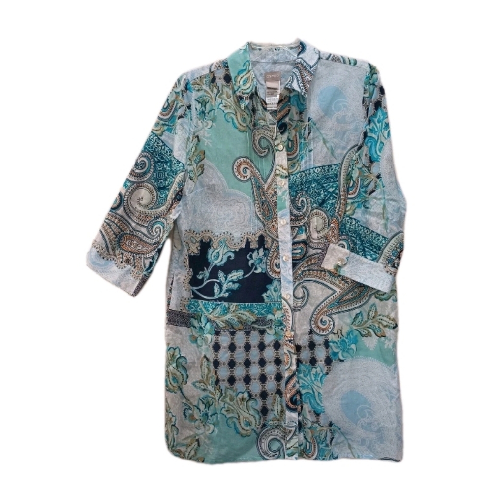 Chico's Cotton Tunic With Pockets 3/4 Sleeves Paisley Blue/Green Size 1 /Medium